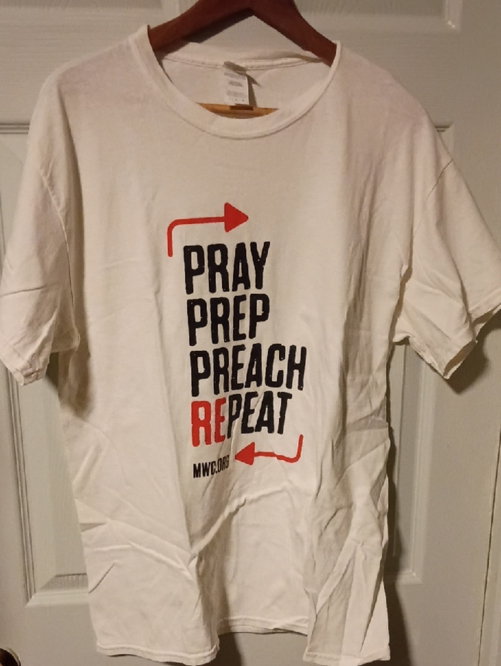 Gildan White Short-Sleeve Tee with Black and Red Vertical Text
